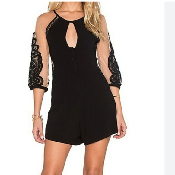 NWT FOR LOVE & LEMONS VALENTINA BLACK EMBROIDERED NUDE SHEER MESH ROMPER - S - Picture 1 of 13